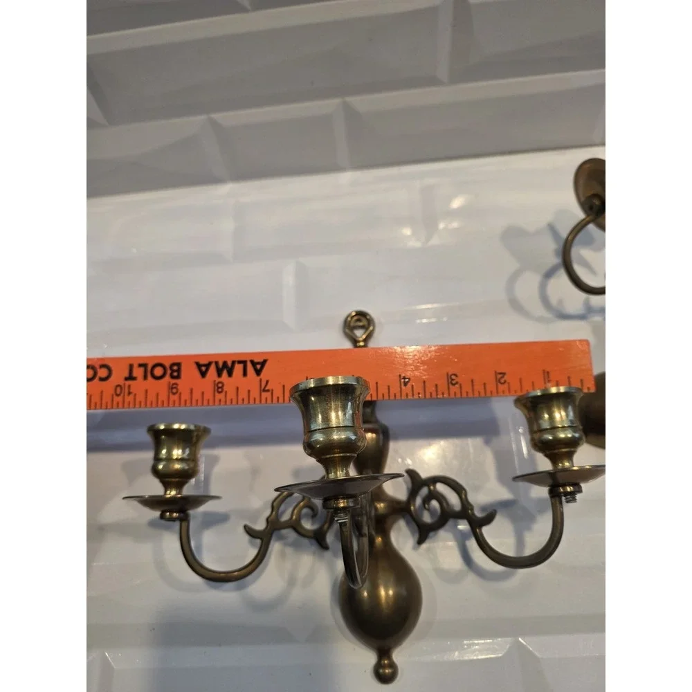 2 Vintage Brass 3 Arm Colonial Wall Sconce Candle Holders Pair 9
